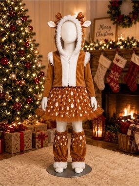 🦌Kids Brown Reindeer Costume Dress with Hood and Leg Warmers🦌